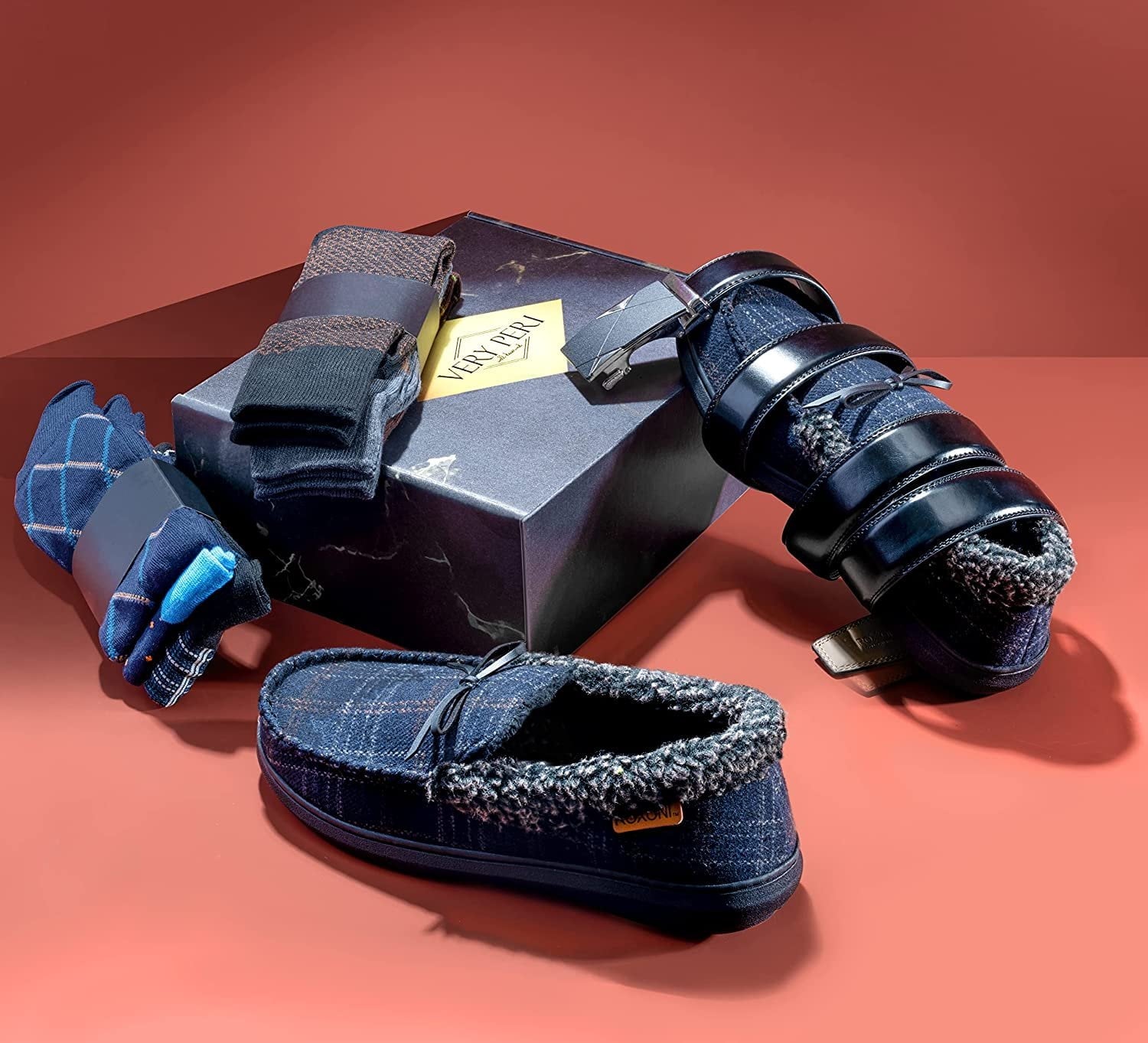 VERY PERI Luxury Curated Gift Box for Him Gift Box for Men from The Heart Men Pamper Gift Box for Special Occasions Assorted Gift Box with Slippers, Socks, Belt & Message Gift Card Multi