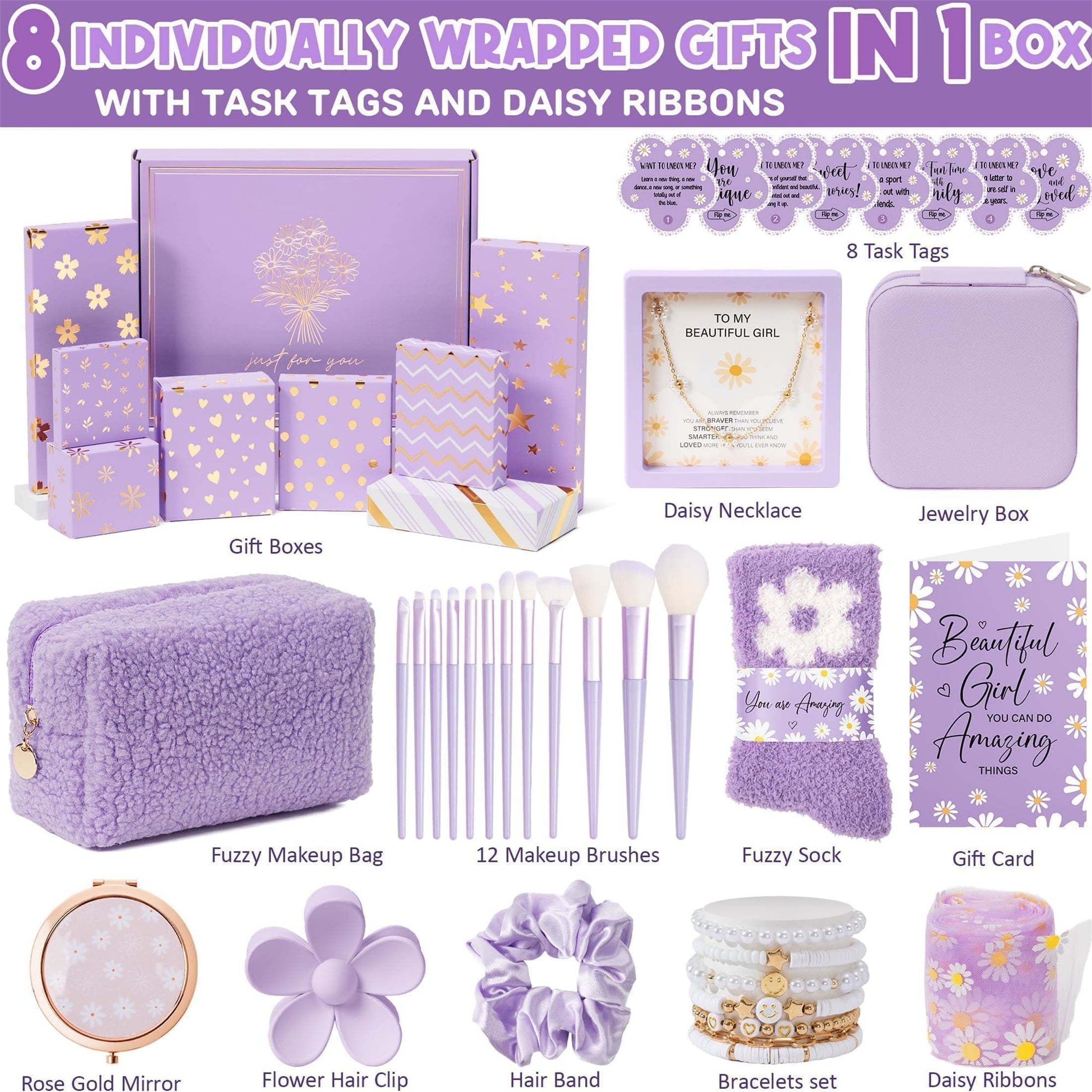 Christmas Gifts for Women & Teens - 8 PCS Birthday Gifts Basket Trendy Stuff w/ Fun Task Tags Make up Brushes & Bag, Advent Calendar Wrapped Gifts Box for Daughter Niece, Purple