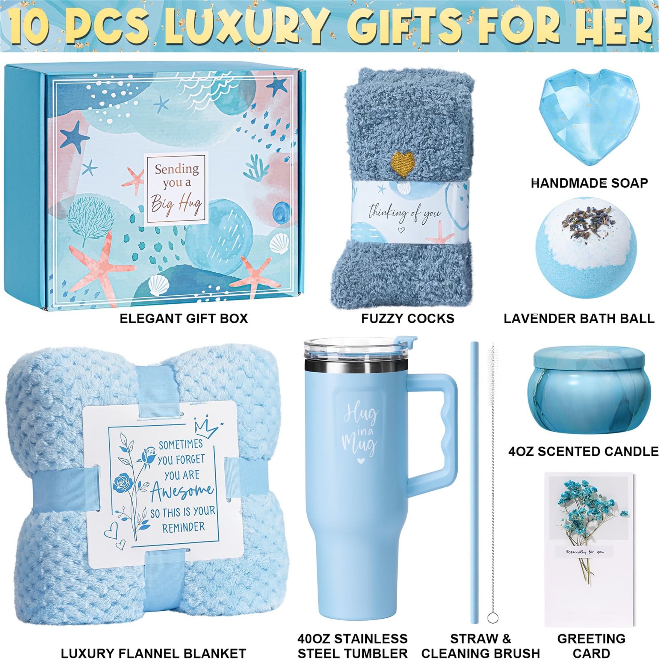 Birthday Gifts for Women, Ocean Relaxing Spa Gifts Basket Care Package w/ Flannel Blanket 40 OZ Tumbler, Presents for Mother's Day, Wife, Girlfriend, Sister, Christmas, and Valentine's Day Gift