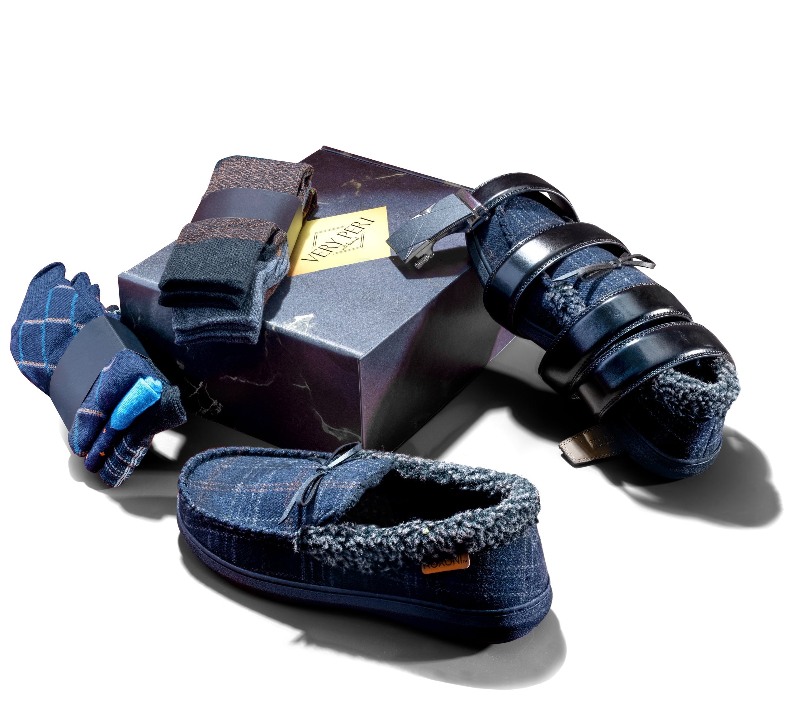 VERY PERI Luxury Curated Gift Box Men's Pamper Gift Box for Special Occasions Assorted Gift Box with Slippers, Socks, Belt & Message Gift Card Multi