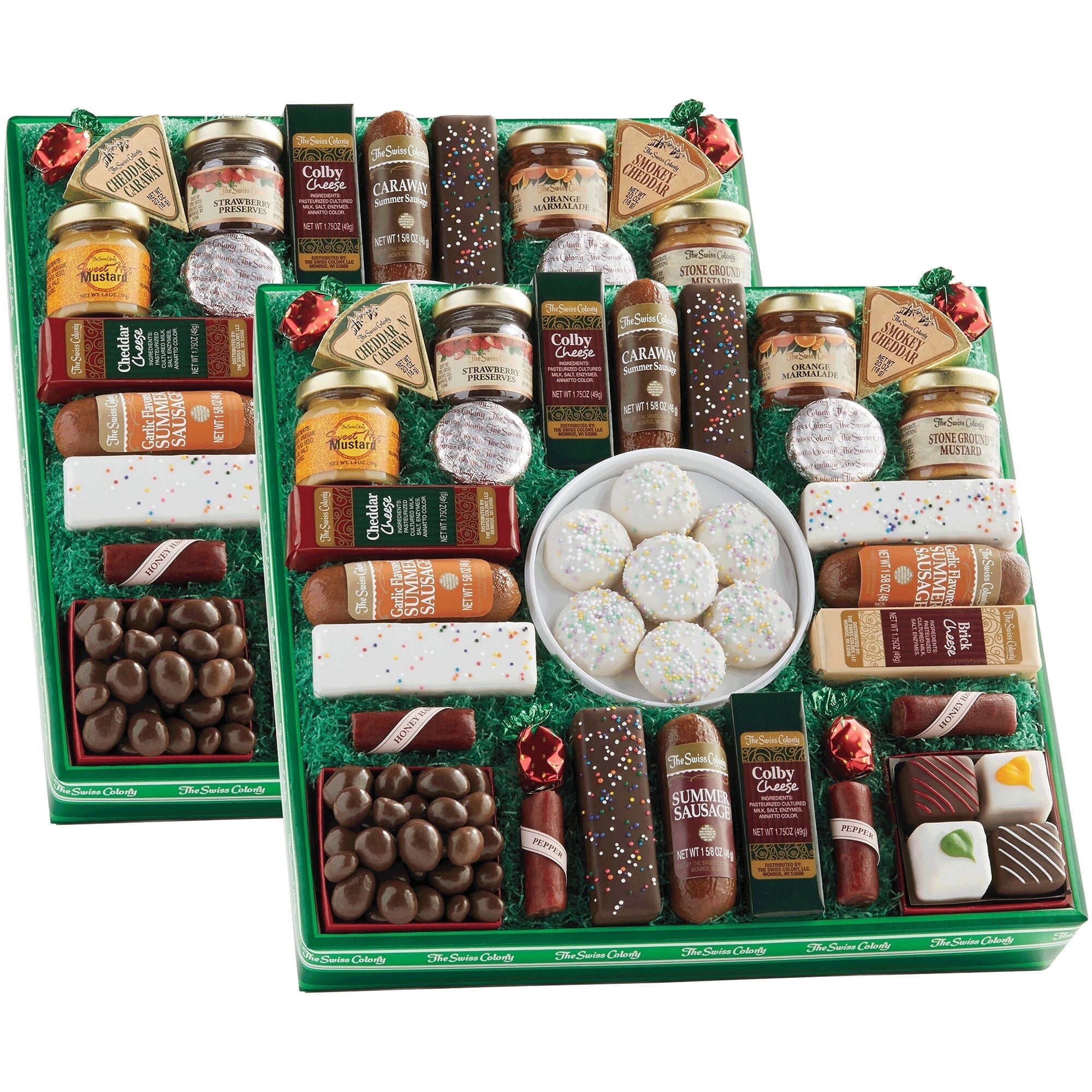 2 Red Gift Boxes - The Swiss Colony 27 Favorites Food Gift Box Assorted Meats & Cheeses, Chocolates, Petits Fours and more