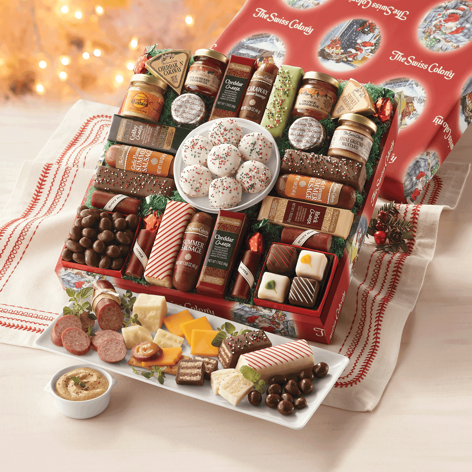 2 Red Gift Boxes - The Swiss Colony 27 Favorites Food Gift Box Assorted Meats & Cheeses, Chocolates, Petits Fours and more