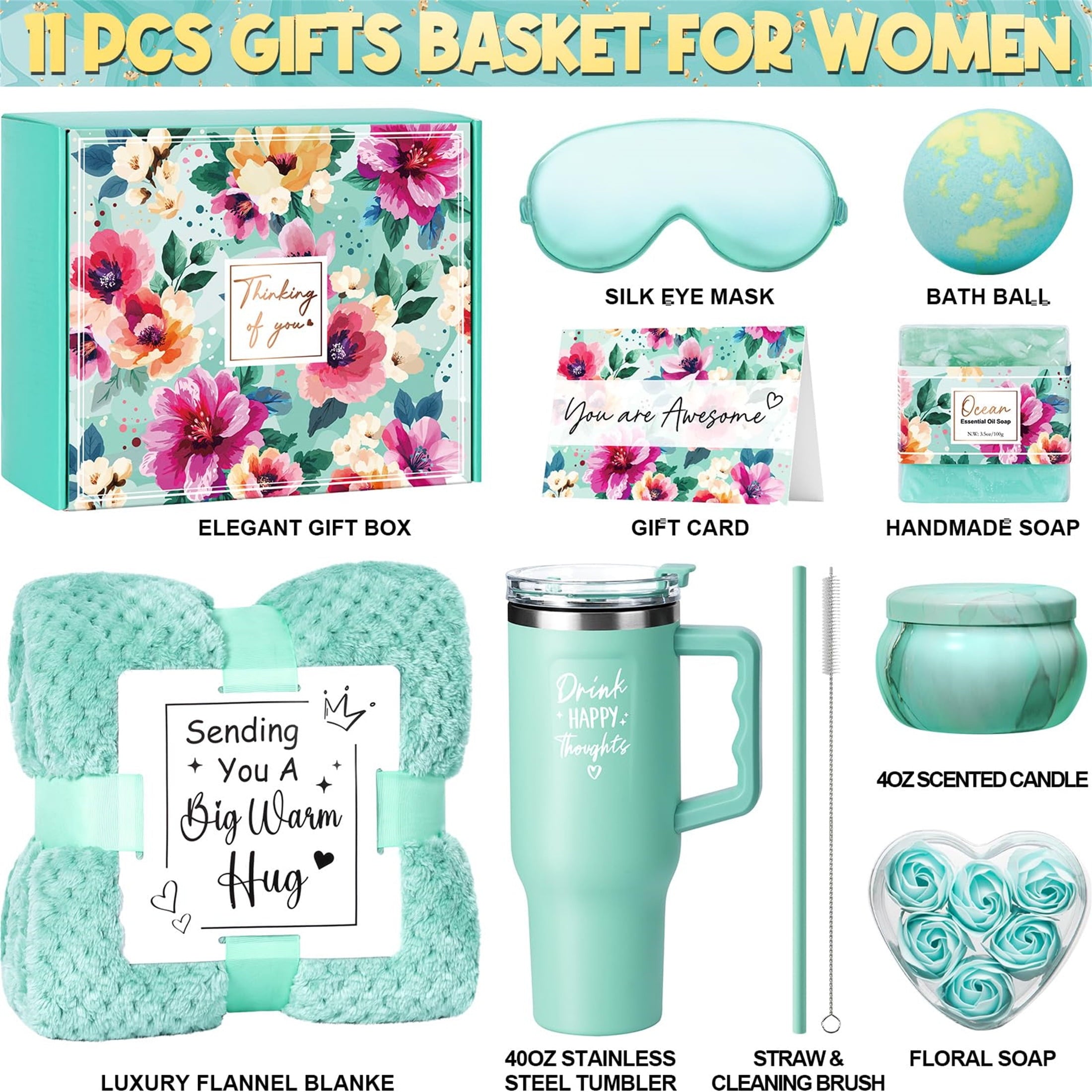 Gift Baskets for Women, Self Care Gifts Get Well Soon Gifts, Ocean Relaxing Spa Gifts Basket Care Package w/ Luxury Flannel Blanket 40 oz Tumbler, Christmas Gifts for Mom Wife Her Girlfriend Sister