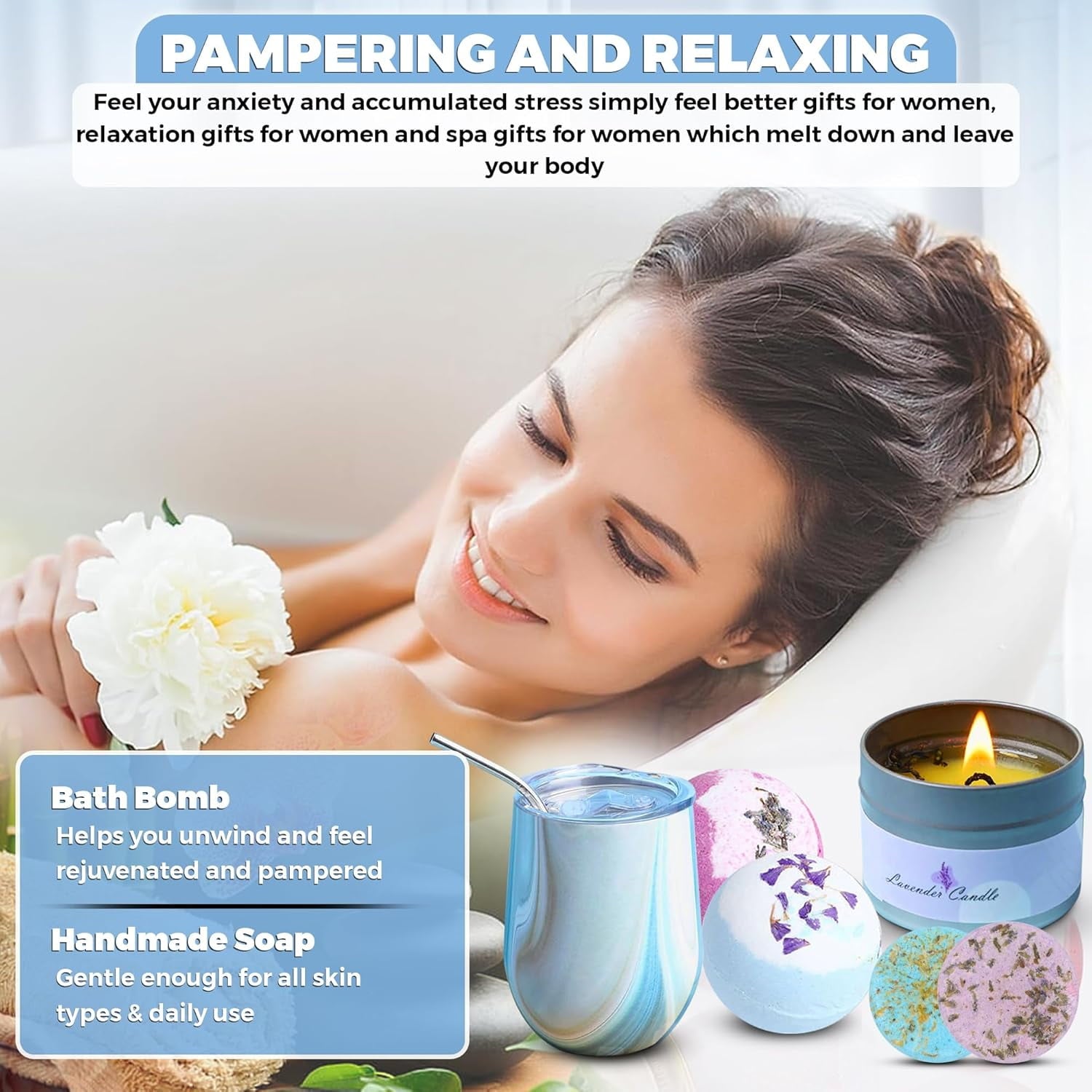 Birthday Gifts for Women – Relaxing Spa Care Package with Wine Tumbler, Bath Bombs, Candle & Socks – Self Care Gift Box for Her