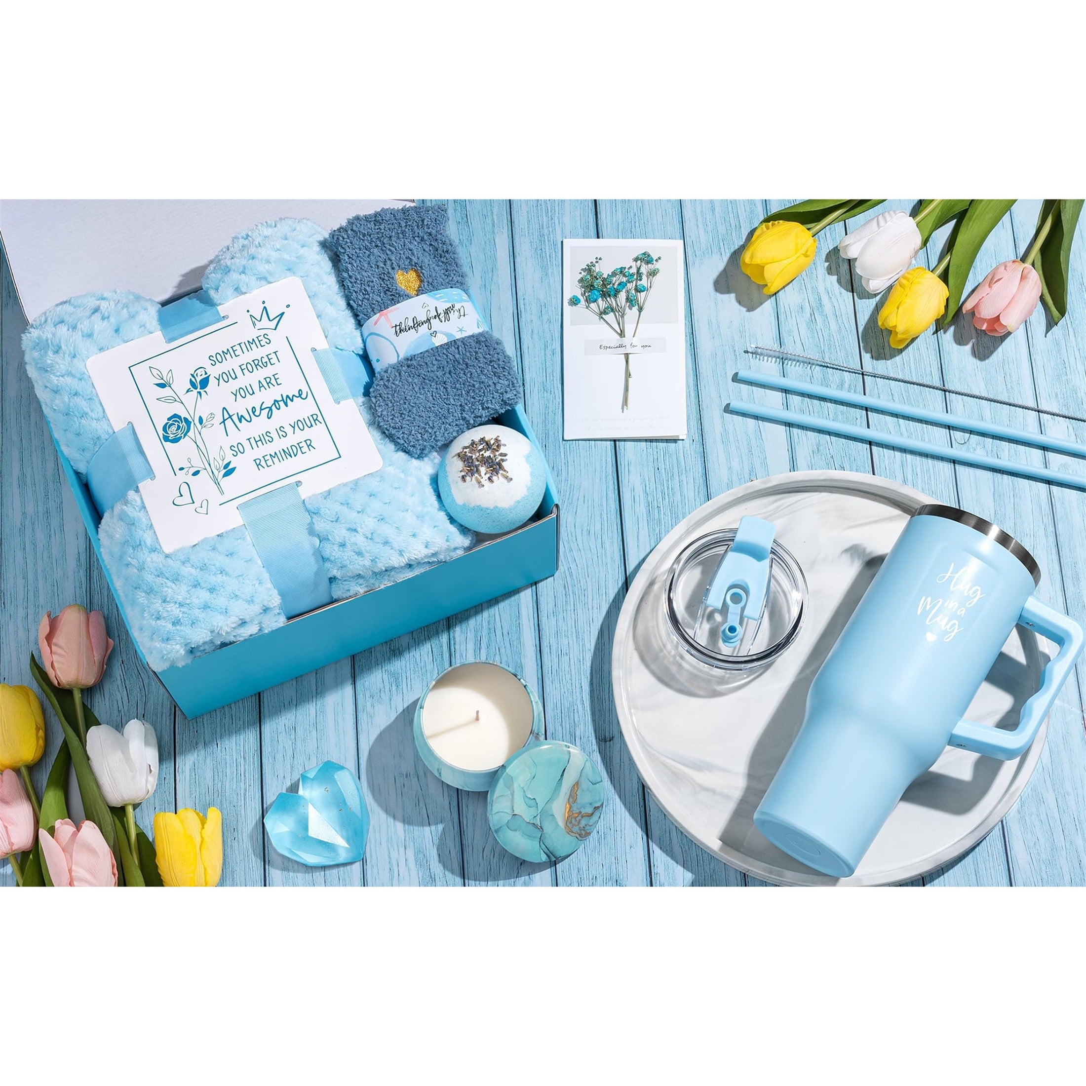 Birthday Gifts for Women, Ocean Relaxing Spa Gifts Basket Care Package w/ Flannel Blanket 40 OZ Tumbler, Presents for Mother's Day, Wife, Girlfriend, Sister, Christmas, and Valentine's Day Gift