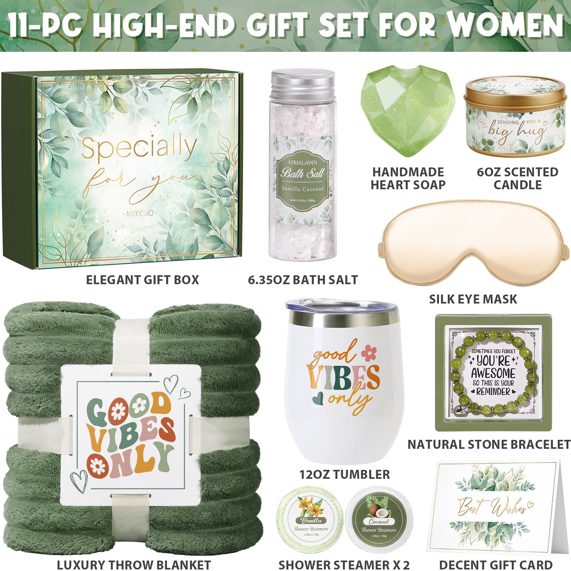 Birthday Gifts Baskets for Women, 11 Pcs Relaxing Spa Gift Sets, Unique Birthday Mother's Day Gift for Her (Green)