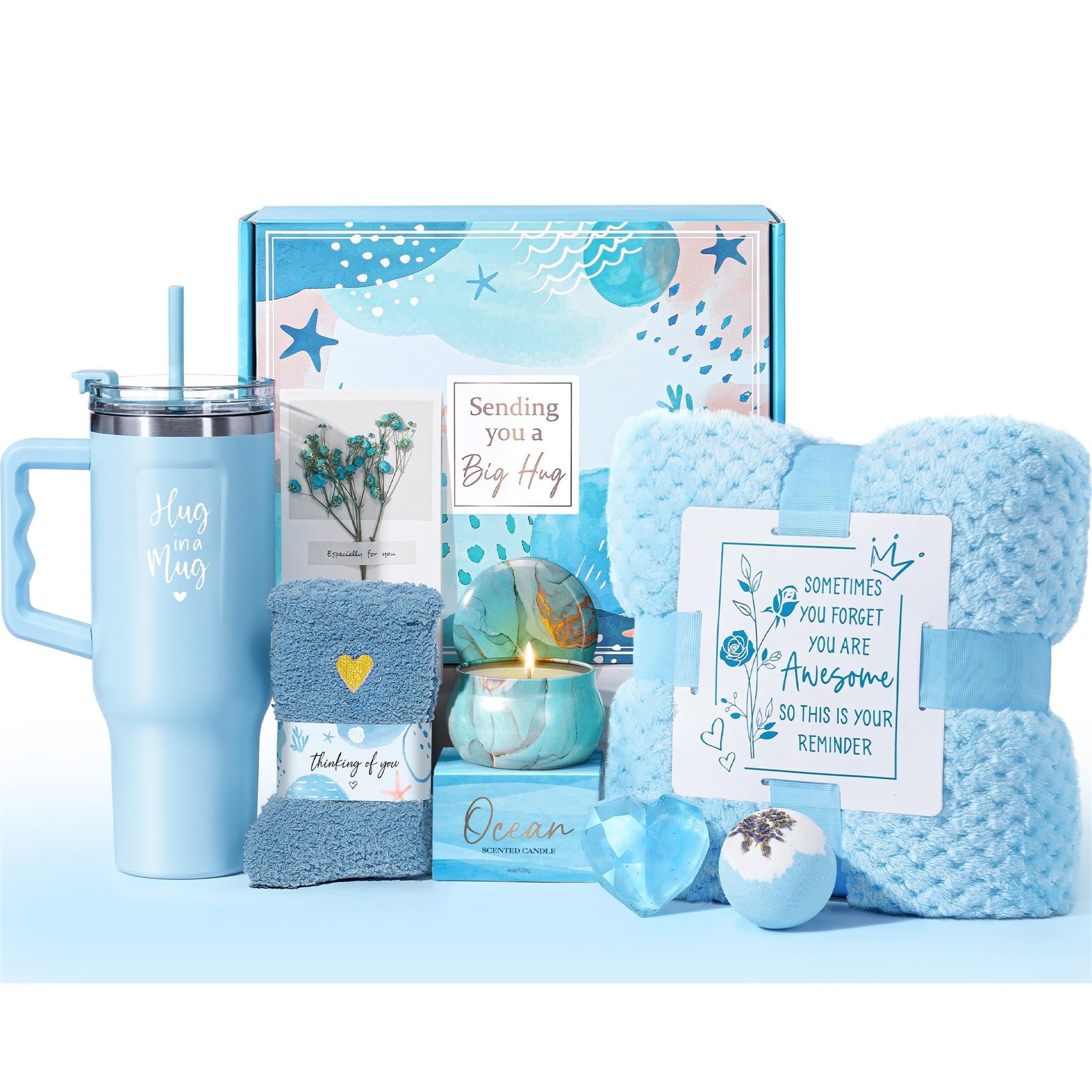 Birthday Gifts for Women, Ocean Relaxing Spa Gifts Basket Care Package w/ Flannel Blanket 40 OZ Tumbler, Presents for Mother's Day, Wife, Girlfriend, Sister, Christmas, and Valentine's Day Gift