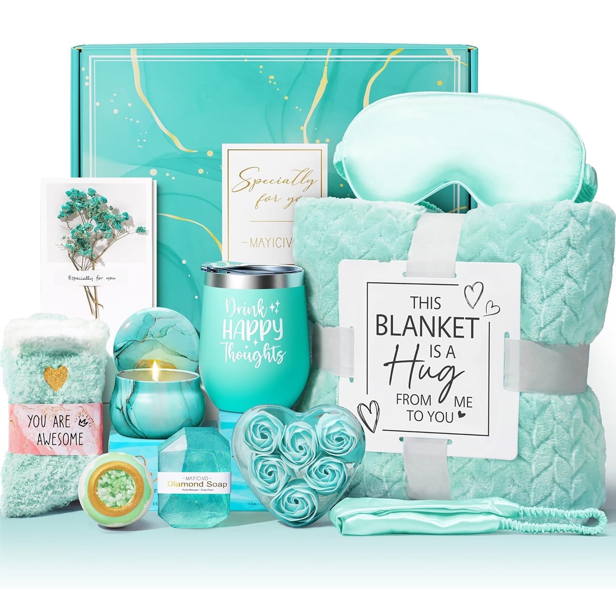 Gift Baskets for Women, 11 Pcs Self Care Gifts Get Well Soon Gifts, Ocean Relaxing Spa Bath Gifts Sets w/ Luxury Flannel Blanket, Mothers Day Gifts for Mom Her Wife Friends Sister Wife