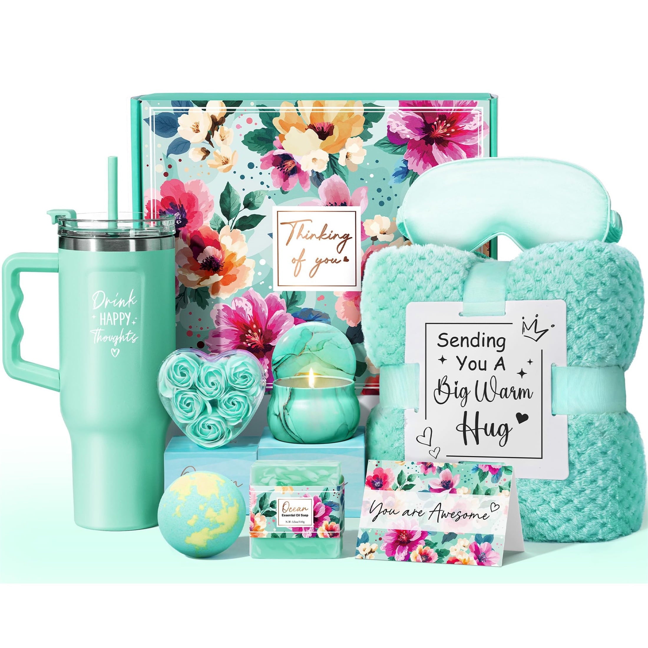 Gift Baskets for Women, Self Care Gifts Get Well Soon Gifts, Ocean Relaxing Spa Gifts Basket Care Package w/ Luxury Flannel Blanket 40 oz Tumbler, Christmas Gifts for Mom Wife Her Girlfriend Sister