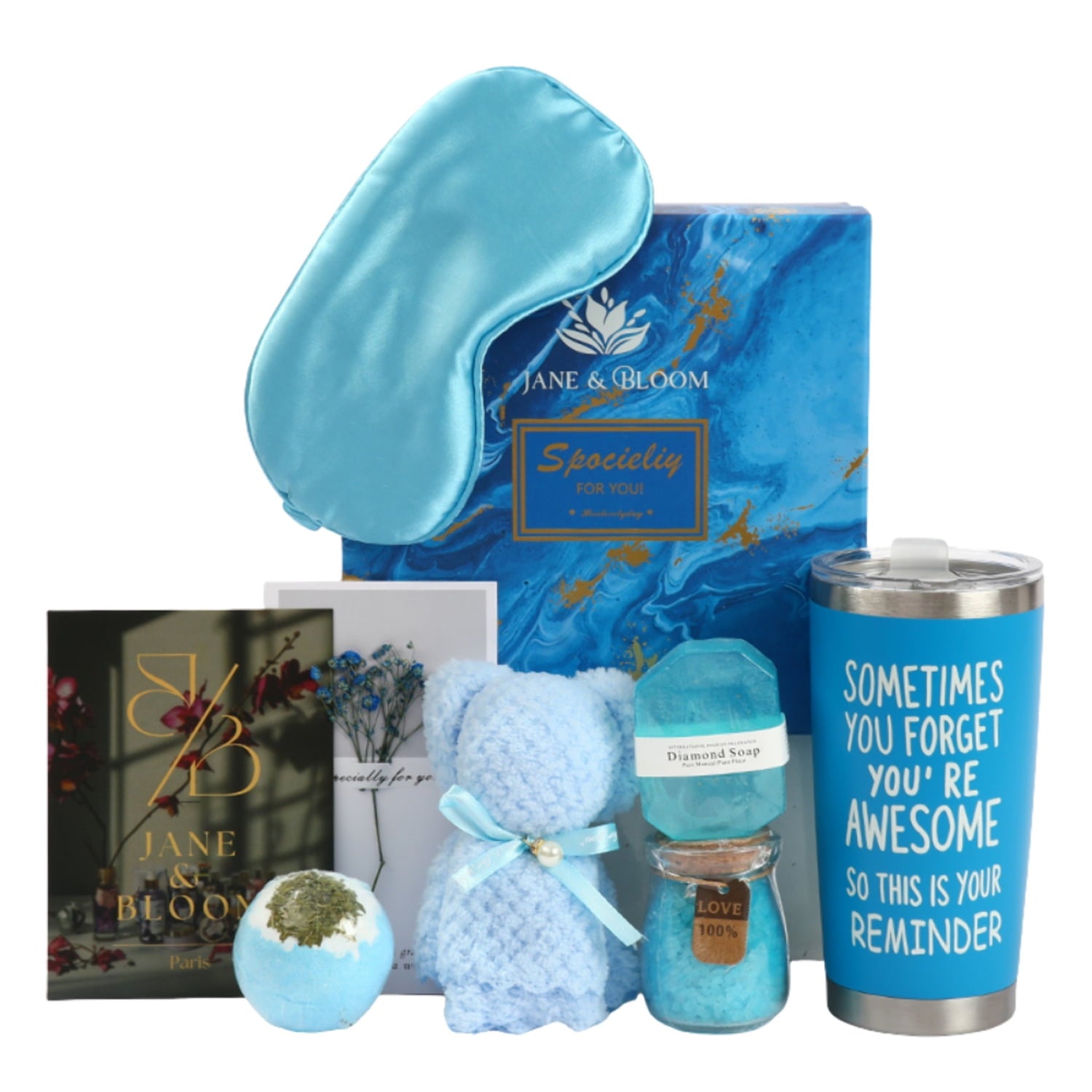 Spa Gift Box for Women – 7-Piece Self-Care Set with Bath Bomb, Diamond Soap, Facial Towel, Gold Sleep Mask, Thermal Mug & More – Cheerful Gift for Her, Birthday, Get Well (Standerd, Ocean Blue)