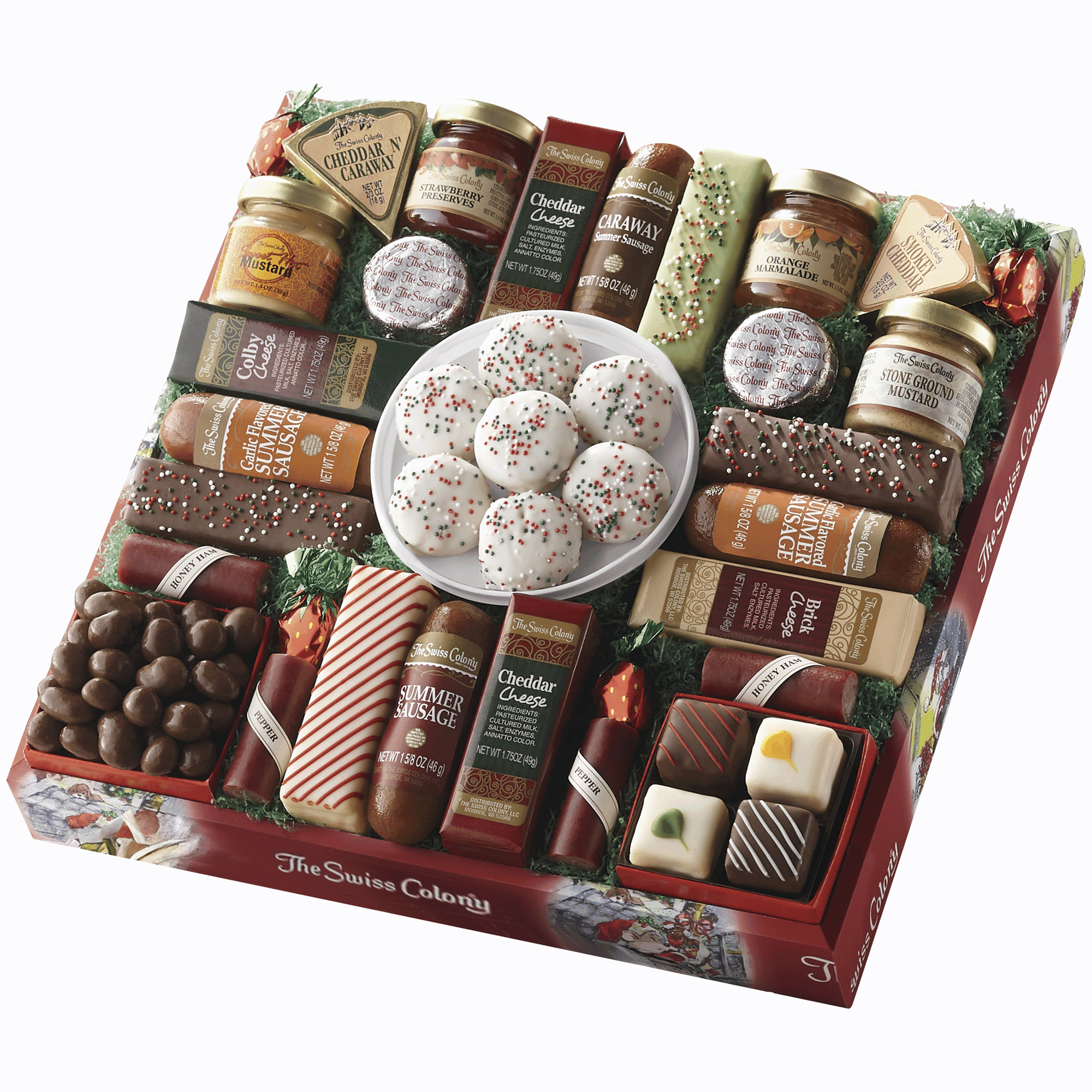 2 Red Gift Boxes - The Swiss Colony 27 Favorites Food Gift Box Assorted Meats & Cheeses, Chocolates, Petits Fours and more
