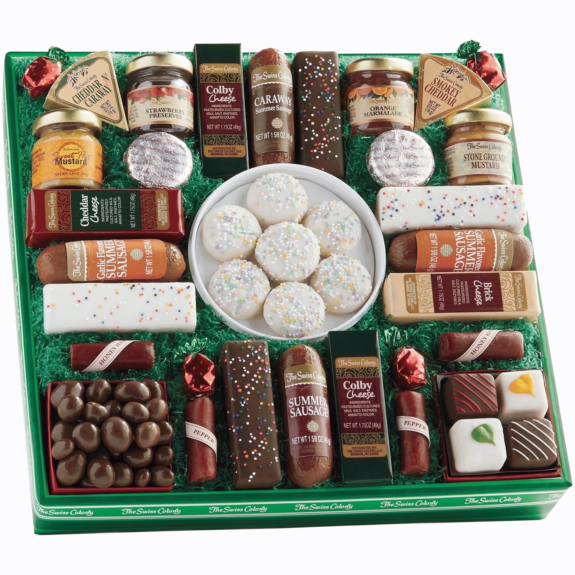2 Red Gift Boxes - The Swiss Colony 27 Favorites Food Gift Box Assorted Meats & Cheeses, Chocolates, Petits Fours and more
