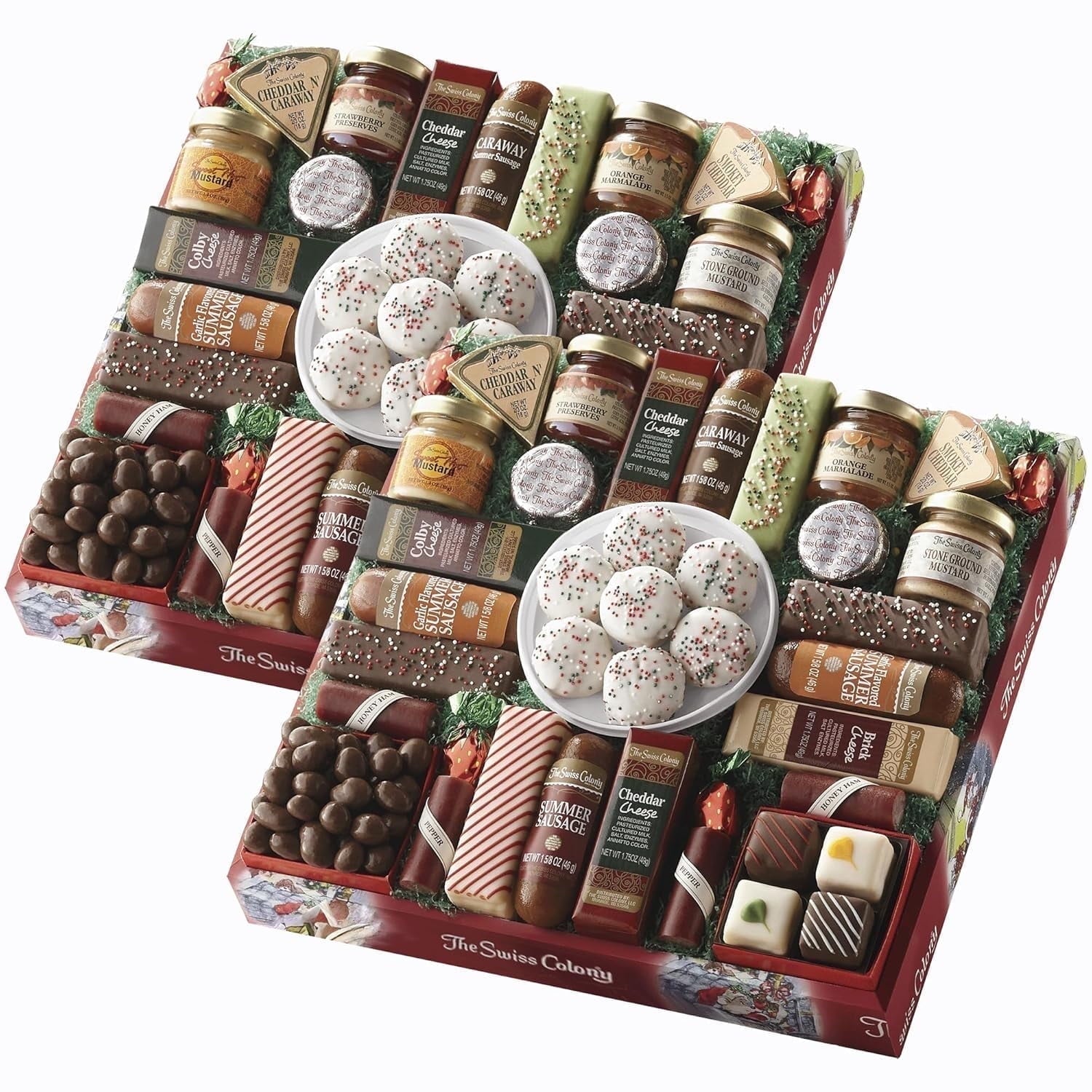 2 Red Gift Boxes - The Swiss Colony 27 Favorites Food Gift Box Assorted Meats & Cheeses, Chocolates, Petits Fours and more