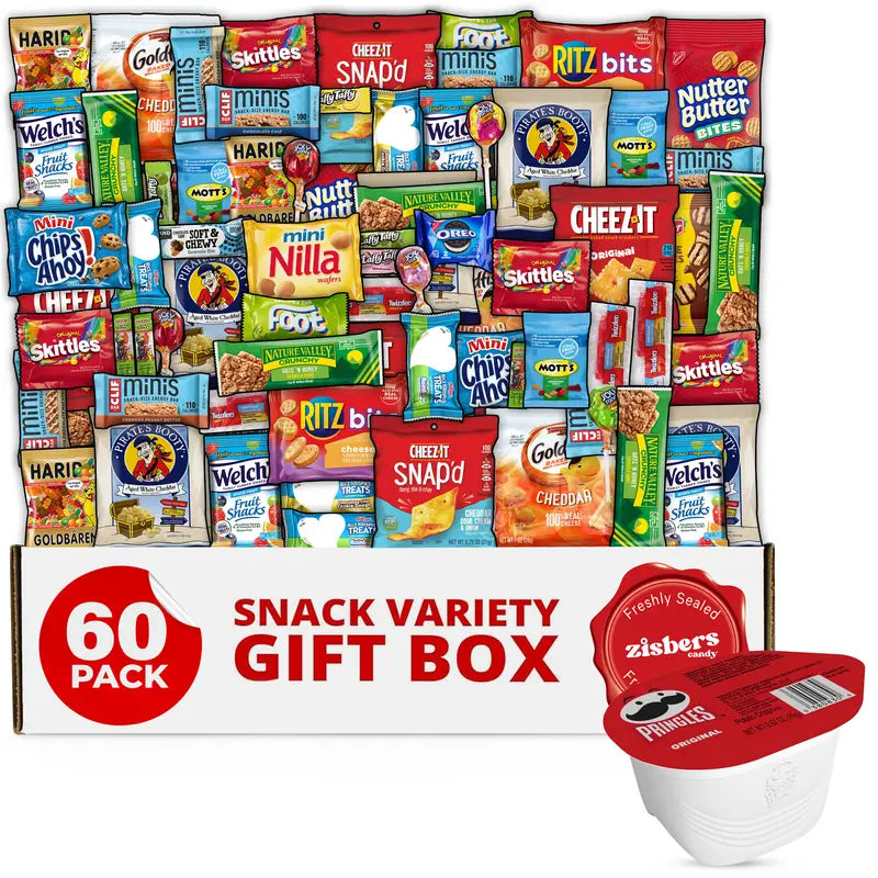 Variety Snack Box for Adults - 60 Count Care Package for Kids, College Students, and Office - Assorted Chips and Treats in a Beautiful Gift Box