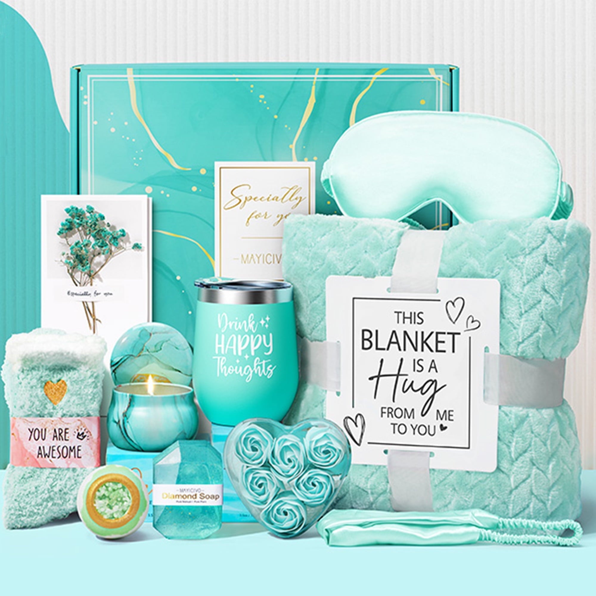 Gift Baskets for Women, 11 Pcs Self Care Gifts Get Well Soon Gifts, Ocean Relaxing Spa Bath Gifts Sets w/ Luxury Flannel Blanket, Mothers Day Gifts for Mom Her Wife Friends Sister Wife