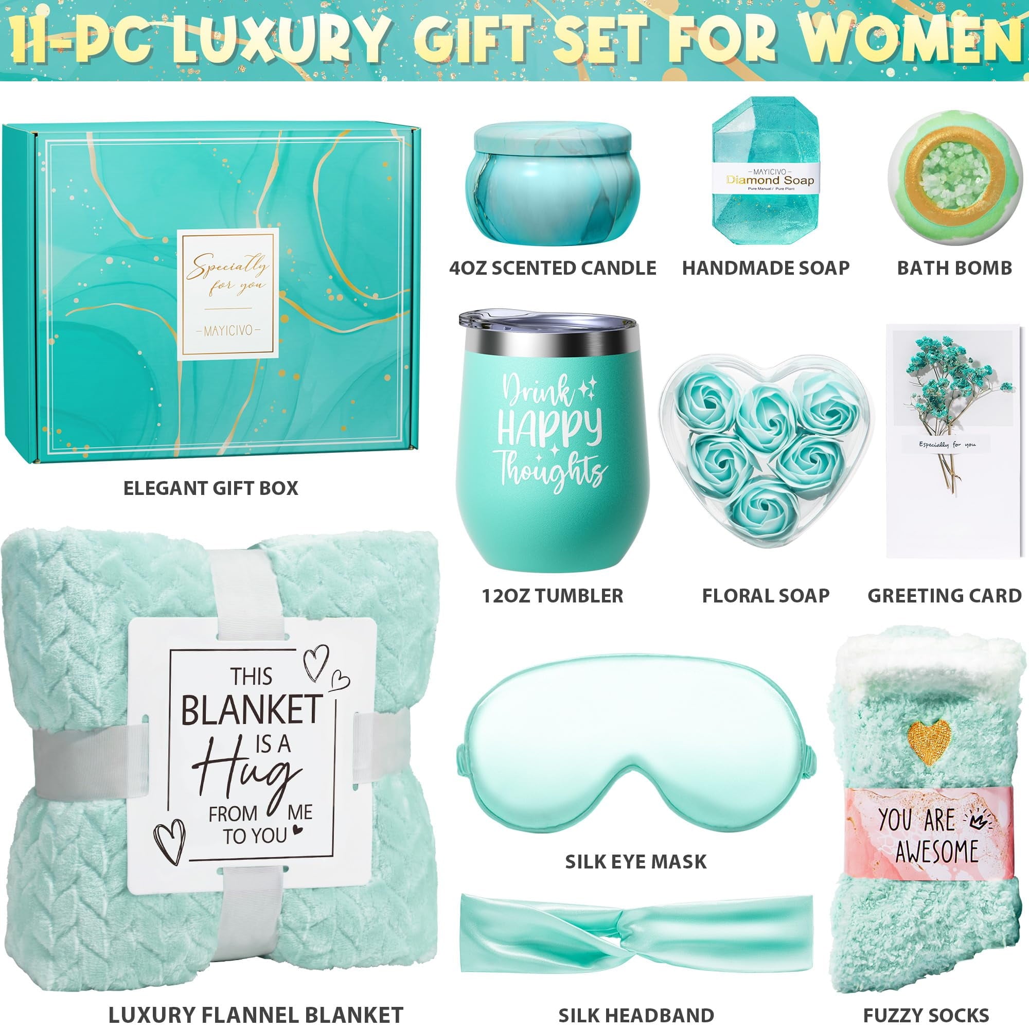 Gift Baskets for Women, 11 Pcs Self Care Gifts Get Well Soon Gifts, Ocean Relaxing Spa Bath Gifts Sets w/ Luxury Flannel Blanket, Mothers Day Gifts for Mom Her Wife Friends Sister Wife