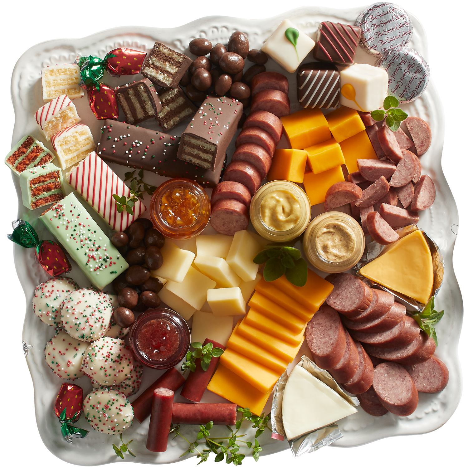 2 Red Gift Boxes - The Swiss Colony 27 Favorites Food Gift Box Assorted Meats & Cheeses, Chocolates, Petits Fours and more